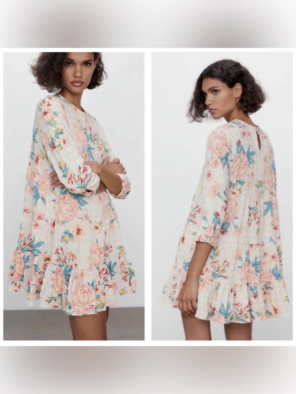 Zara The Sharon Floral Ruffle Tiered Mini Dress White Pink Small Flowy Swing - Picture 2 of 7